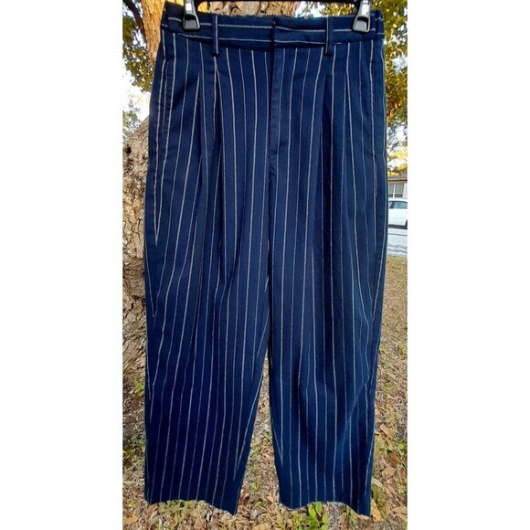 Womens Y2K Pleated Wide Leg Casual Streetwear Sz Small Navy Pinstriped Trousers - Picture 5 of 12